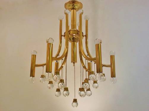 Stilnovo vintage brass chandelier with glass balls, 1970`s ca, Italian